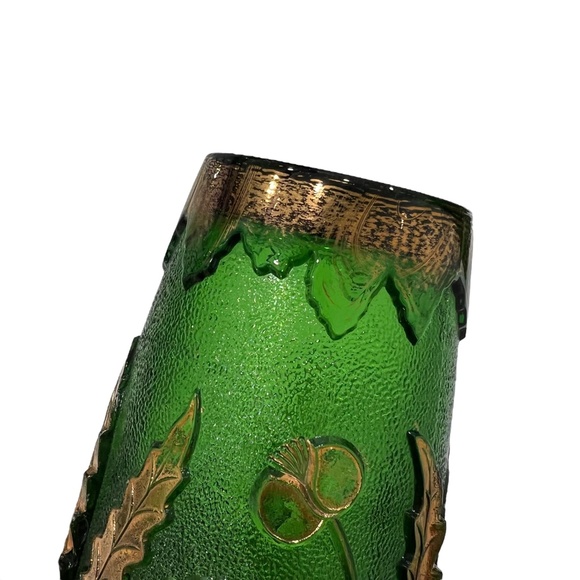 2 VINTAGE EARLY AMERICAN PATTERN GLASS DELAWARE EMERALD GREEN & GOLD VASES - Picture 12 of 16